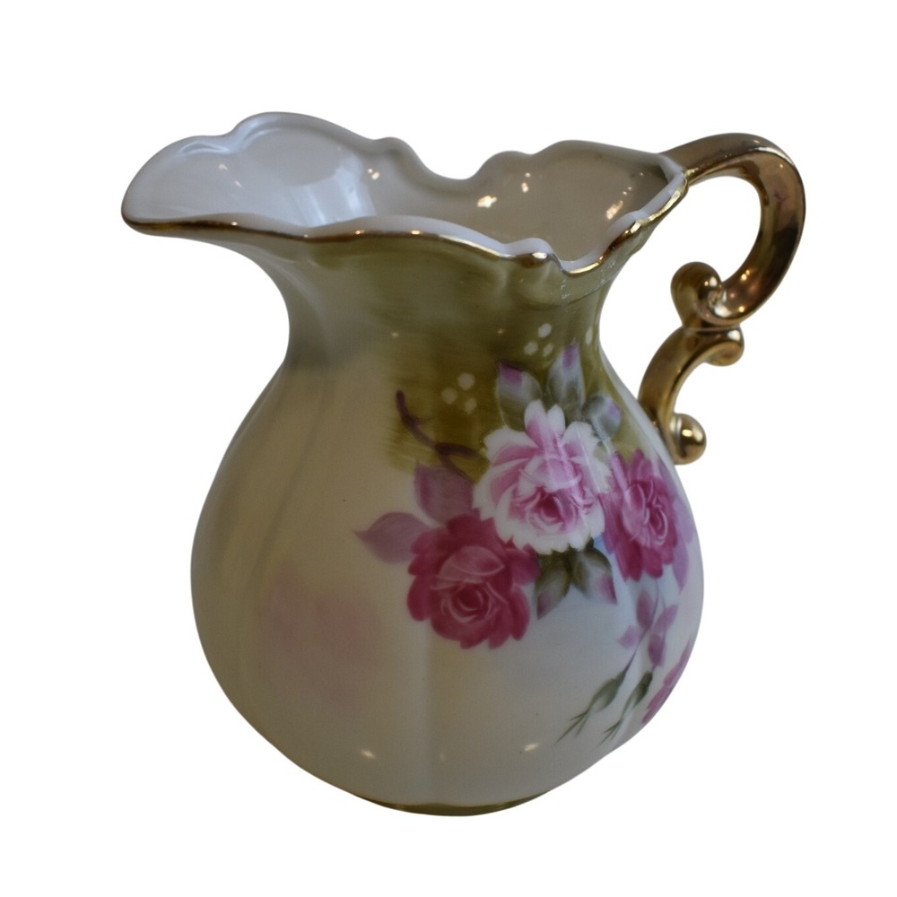 Nasco Floral Pitcher Vintage Small White Pink Gold Trim Excellent Roses Gilt